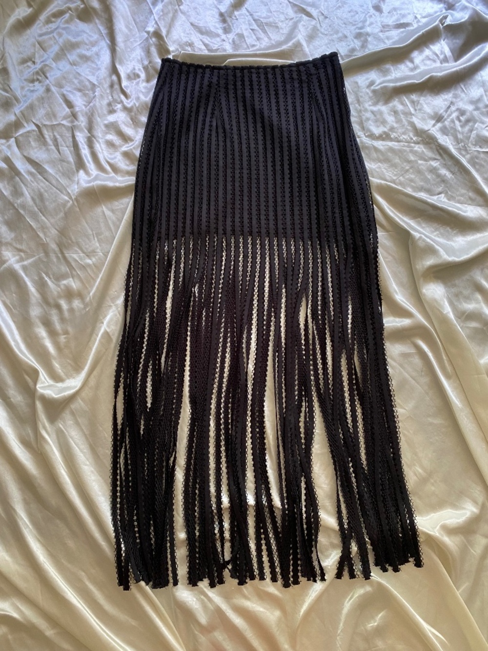 Vintage 1990s Black Fringe Maxi Skirt Unique Boho Medium Minimalist